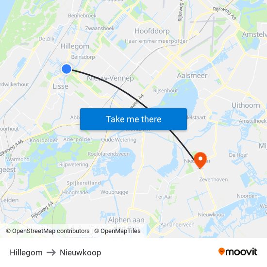 Hillegom to Nieuwkoop map