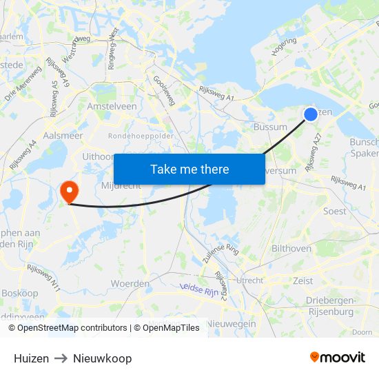 Huizen to Nieuwkoop map