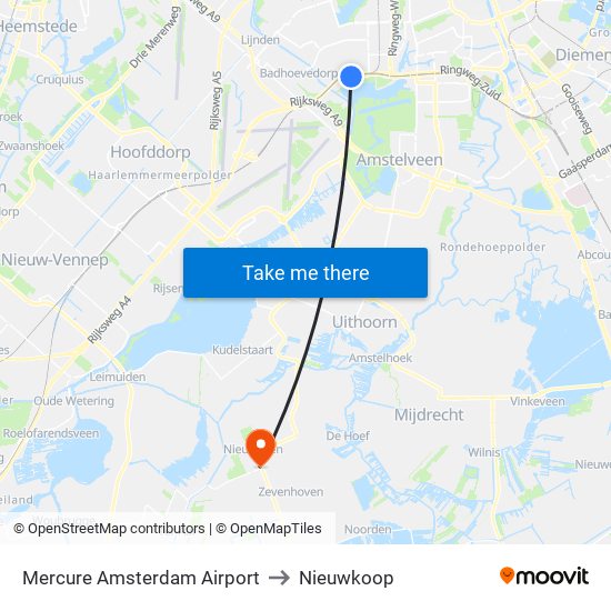 Mercure Amsterdam Airport to Nieuwkoop map