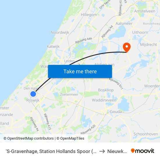 'S-Gravenhage, Station Hollands Spoor (Perron A) to Nieuwkoop map