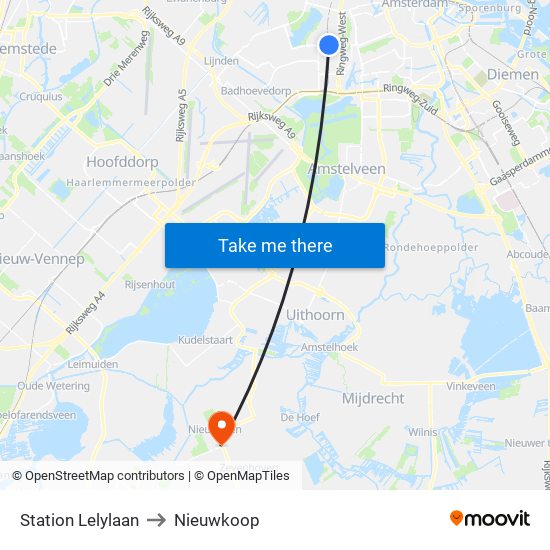 Station Lelylaan to Nieuwkoop map