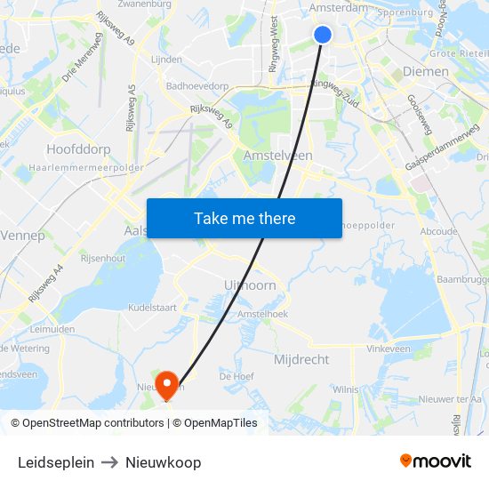 Leidseplein to Nieuwkoop map