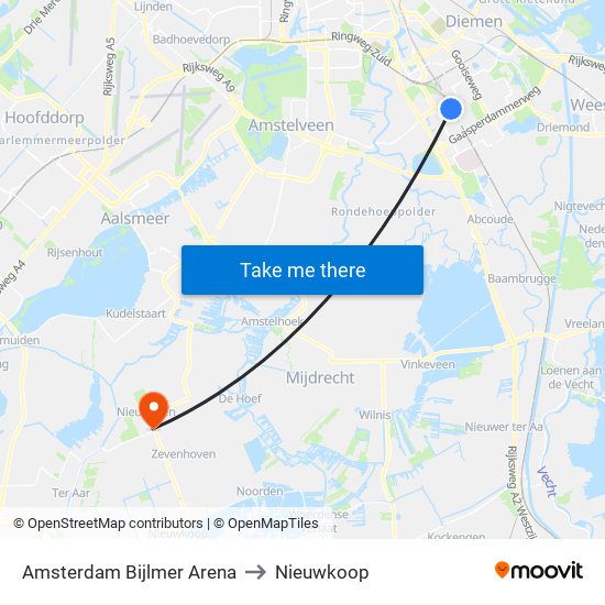 Amsterdam Bijlmer Arena to Nieuwkoop map