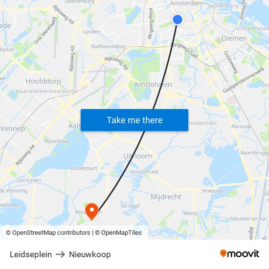 Leidseplein to Nieuwkoop map