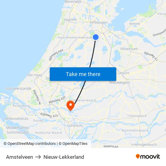 Amstelveen to Nieuw-Lekkerland map