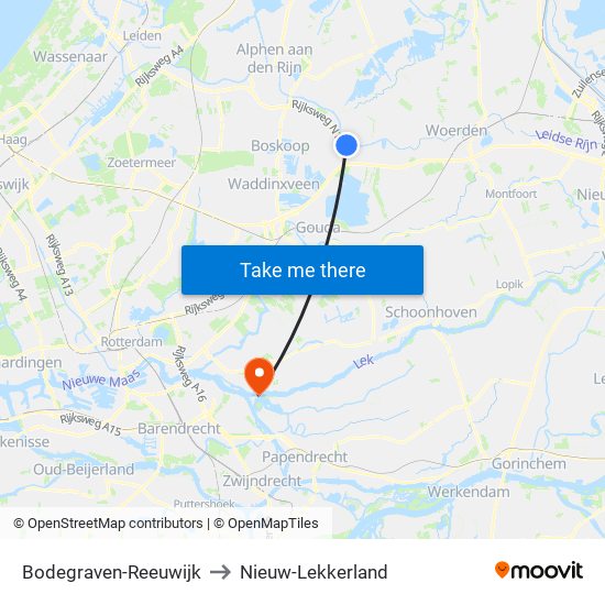 Bodegraven-Reeuwijk to Nieuw-Lekkerland map