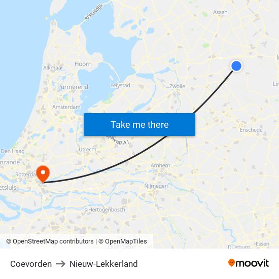 Coevorden to Nieuw-Lekkerland map