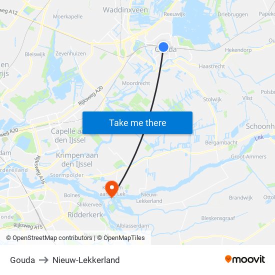 Gouda to Nieuw-Lekkerland map