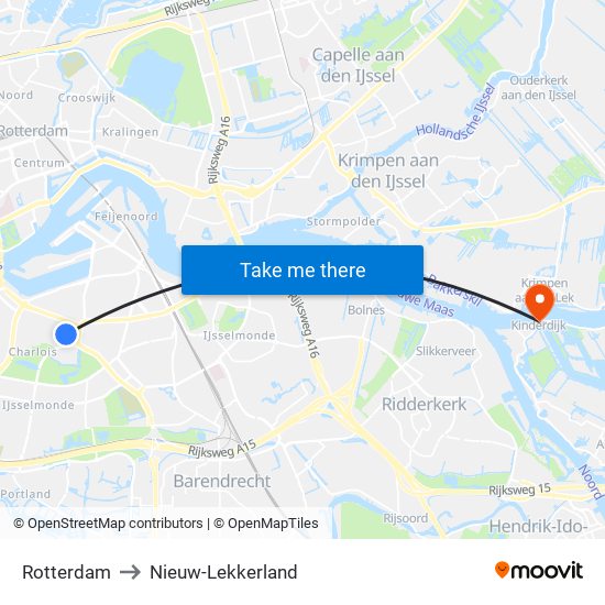 Rotterdam to Nieuw-Lekkerland map
