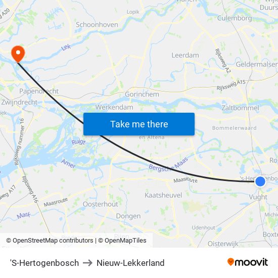 'S-Hertogenbosch to Nieuw-Lekkerland map