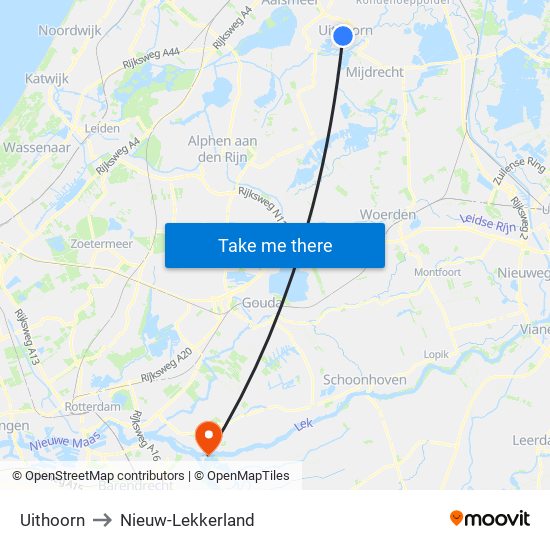 Uithoorn to Nieuw-Lekkerland map