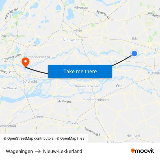 Wageningen to Nieuw-Lekkerland map