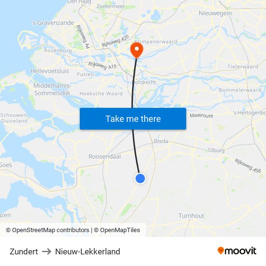 Zundert to Nieuw-Lekkerland map