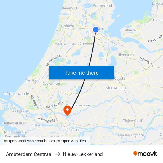 Amsterdam Centraal to Nieuw-Lekkerland map