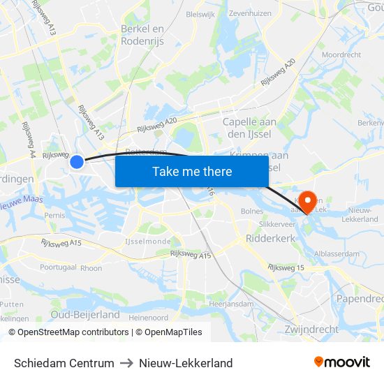 Schiedam Centrum to Nieuw-Lekkerland map