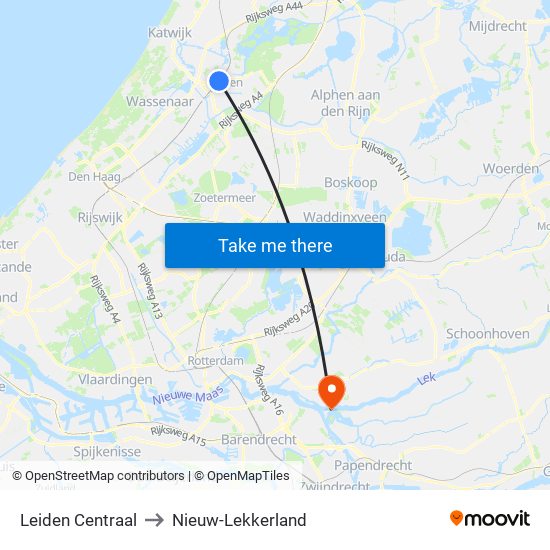 Leiden Centraal to Nieuw-Lekkerland map