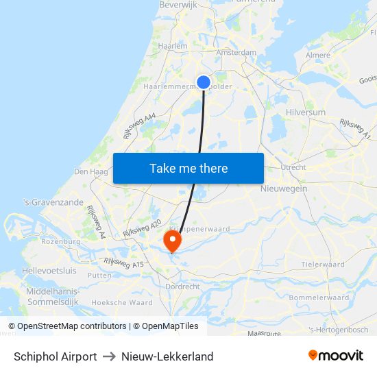 Schiphol Airport to Nieuw-Lekkerland map