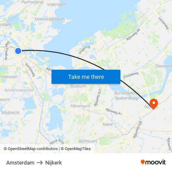 Amsterdam to Nijkerk map