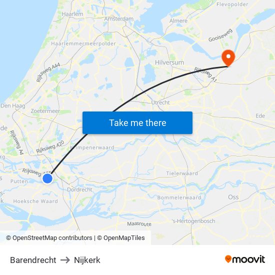 Barendrecht to Nijkerk map