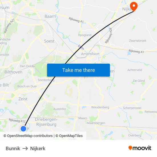 Bunnik to Nijkerk map