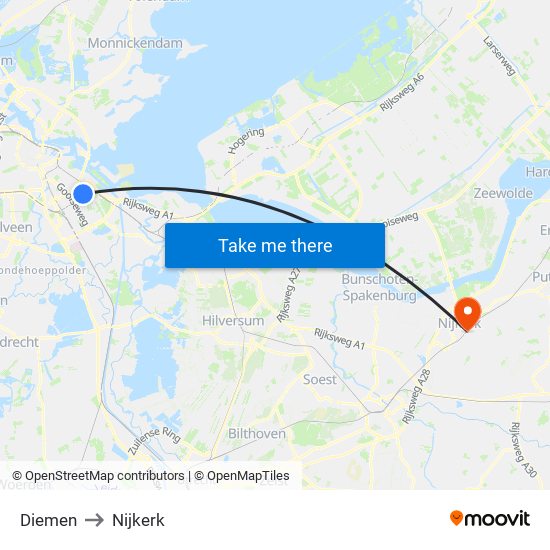 Diemen to Nijkerk map