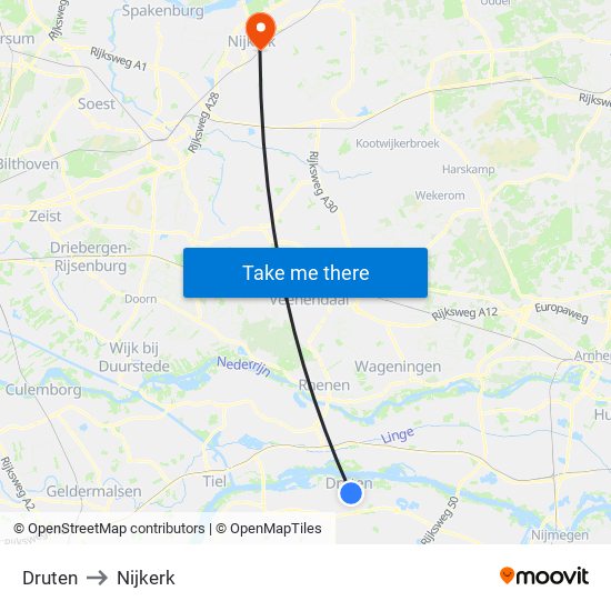 Druten to Nijkerk map