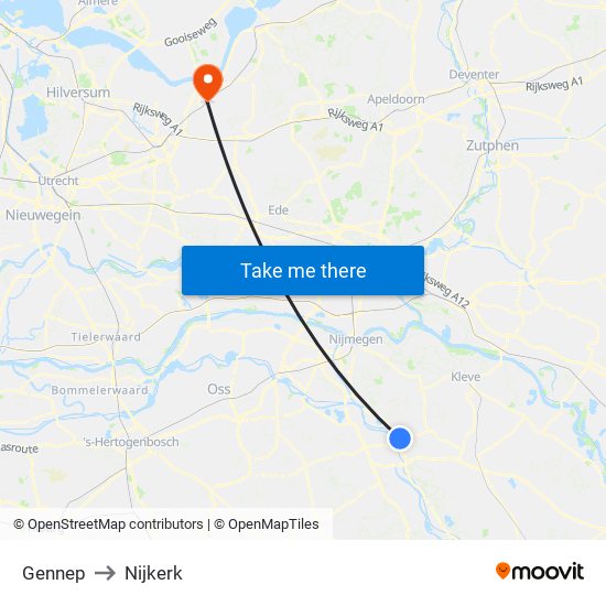 Gennep to Nijkerk map