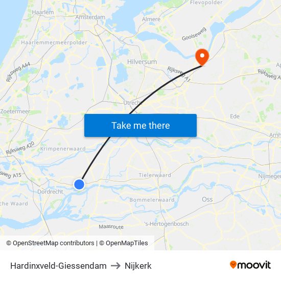 Hardinxveld-Giessendam to Nijkerk map