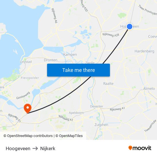 Hoogeveen to Nijkerk map