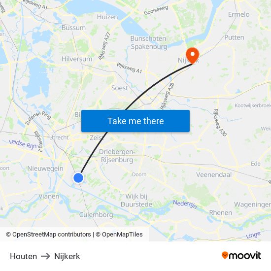 Houten to Nijkerk map