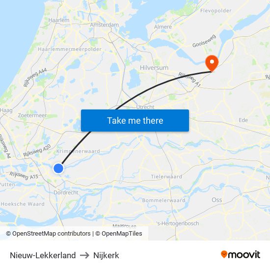 Nieuw-Lekkerland to Nijkerk map