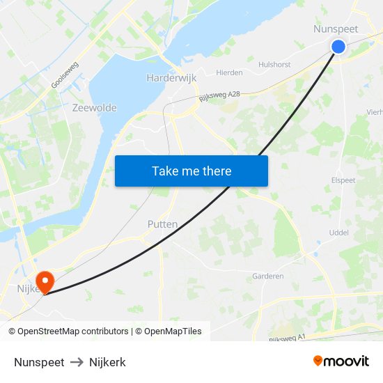 Nunspeet to Nijkerk map