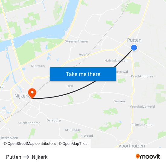 Putten to Nijkerk map