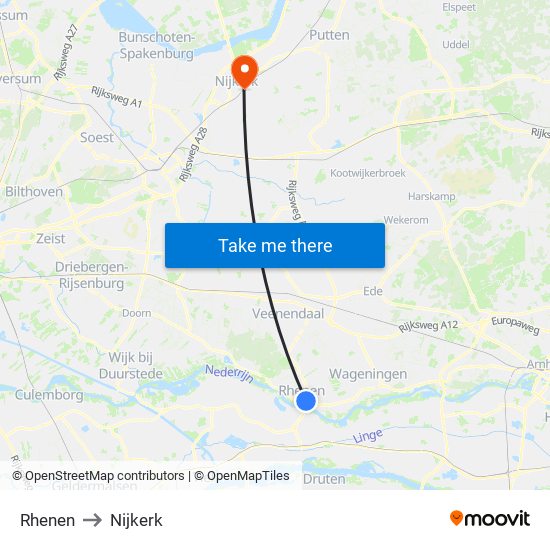 Rhenen to Nijkerk map