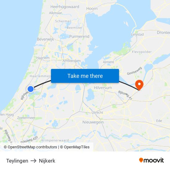 Teylingen to Nijkerk map