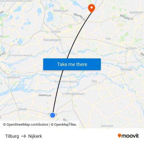 Tilburg to Nijkerk map