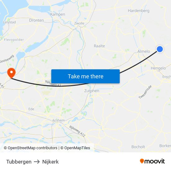 Tubbergen to Nijkerk map