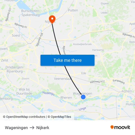 Wageningen to Nijkerk map