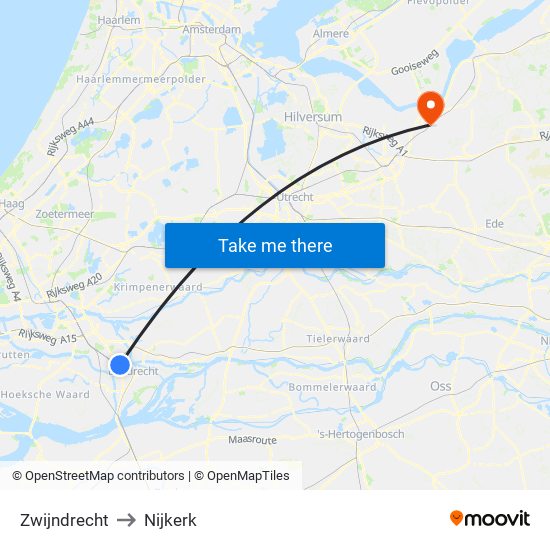 Zwijndrecht to Nijkerk map