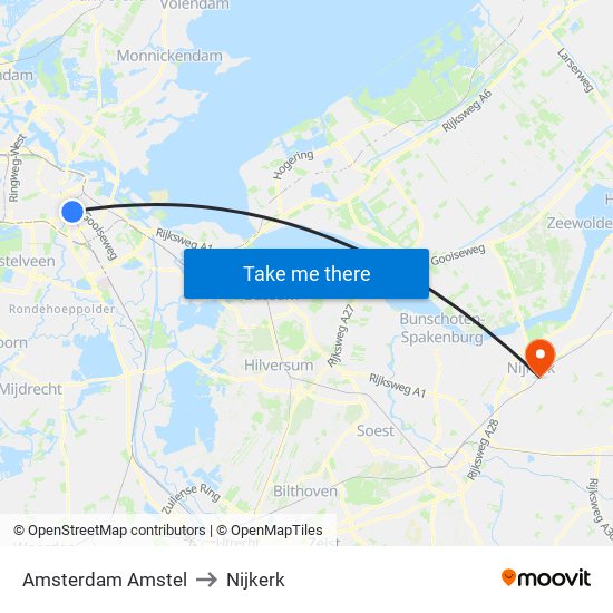 Amsterdam Amstel to Nijkerk map