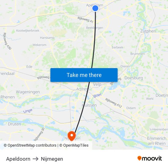 Apeldoorn to Nijmegen map