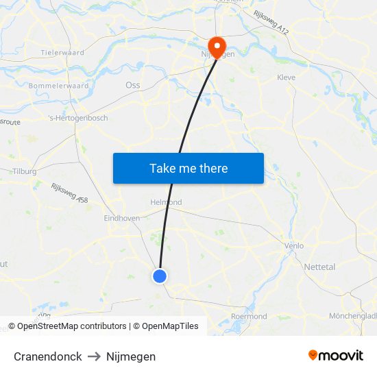 Cranendonck to Nijmegen map