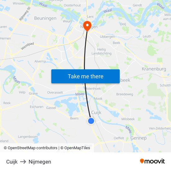 Cuijk to Nijmegen map