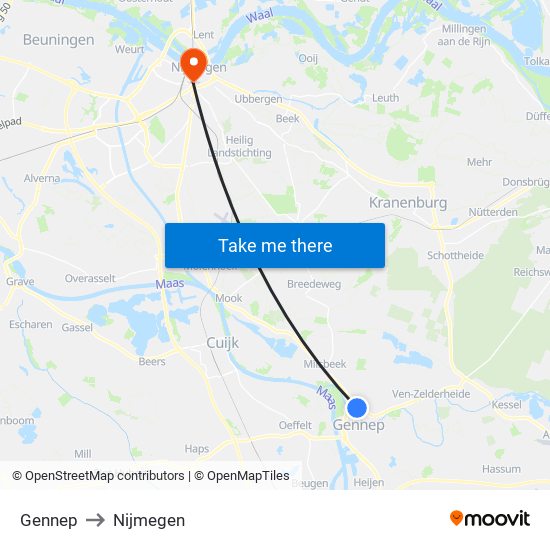 Gennep to Nijmegen map