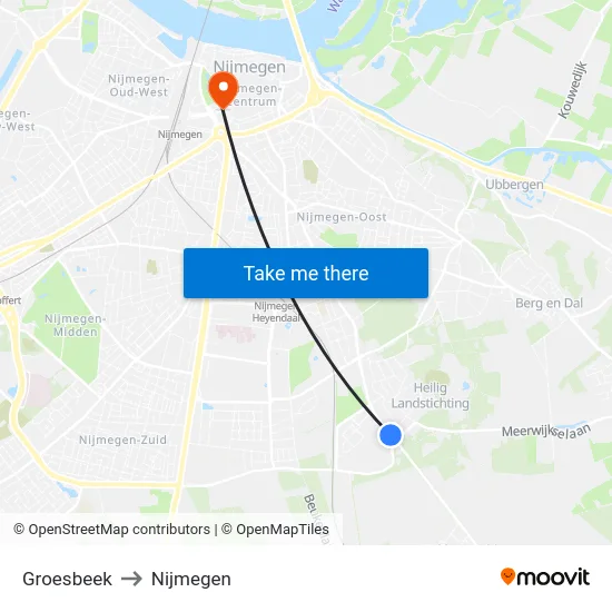 Groesbeek to Nijmegen map