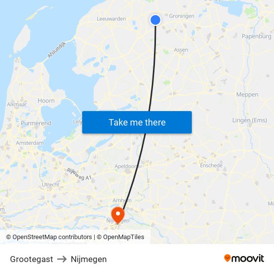 Grootegast to Nijmegen map