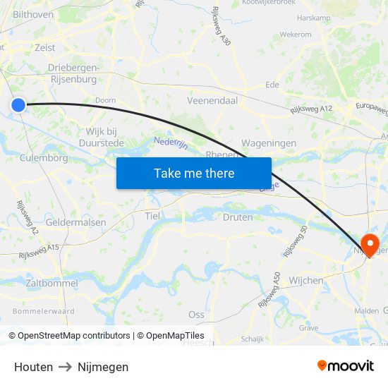 Houten to Nijmegen map