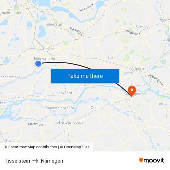Ijsselstein to Nijmegen map