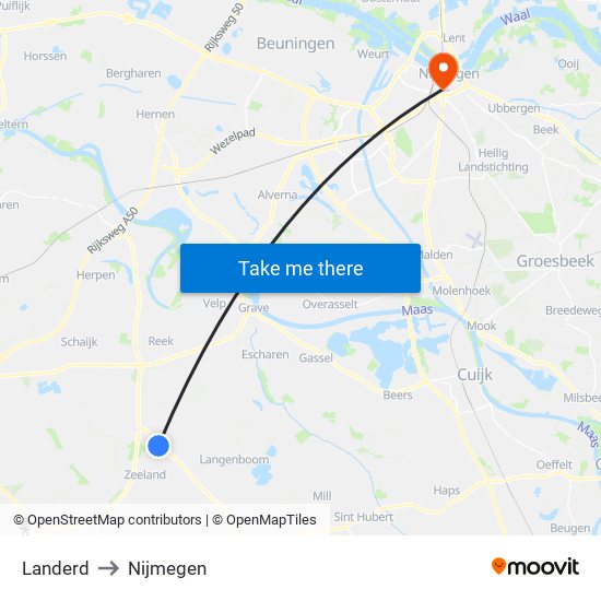 Landerd to Nijmegen map