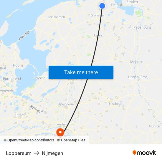 Loppersum to Nijmegen map